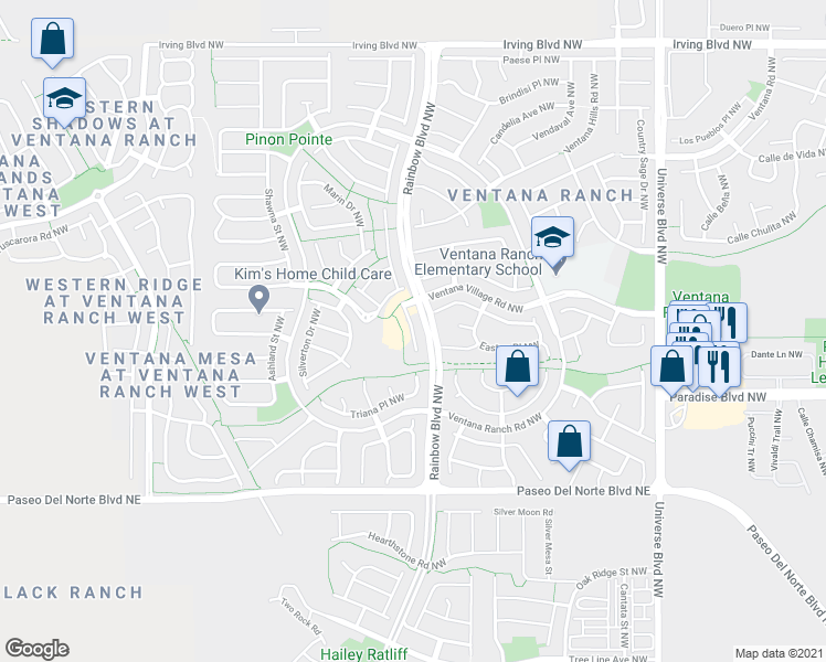 map of restaurants, bars, coffee shops, grocery stores, and more near 10027 Vista Cantera Lane Northwest in Albuquerque
