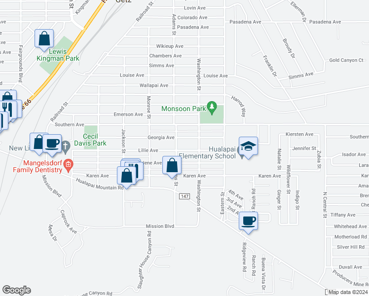 map of restaurants, bars, coffee shops, grocery stores, and more near 2715 Lillie Avenue in Kingman