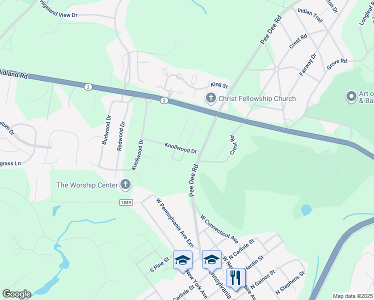 map of restaurants, bars, coffee shops, grocery stores, and more near 156 Knollwood Drive in Southern Pines