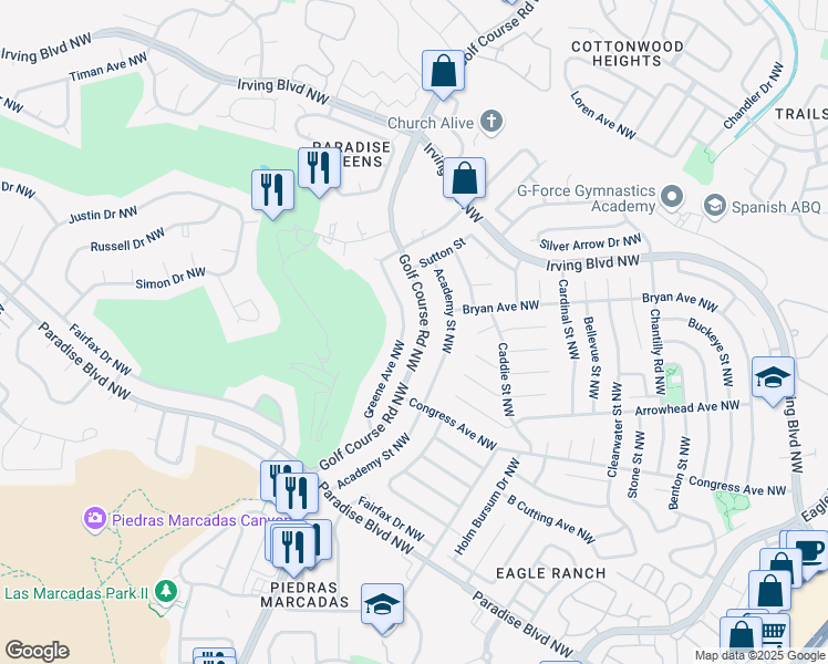 map of restaurants, bars, coffee shops, grocery stores, and more near 9920 Greene Avenue Northwest in Albuquerque