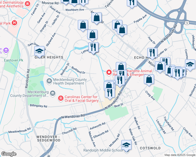 map of restaurants, bars, coffee shops, grocery stores, and more near 819 Villa Court in Charlotte