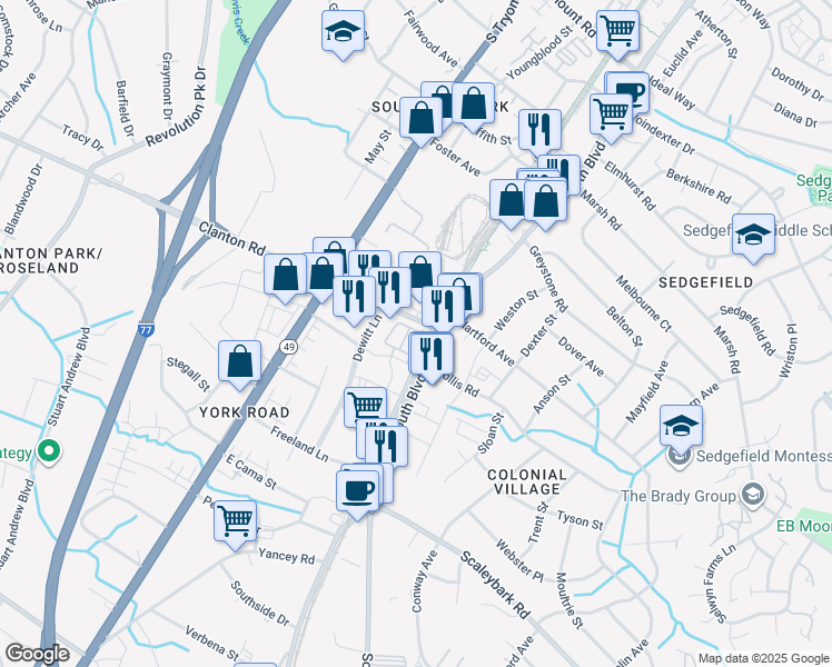 map of restaurants, bars, coffee shops, grocery stores, and more near in Charlotte