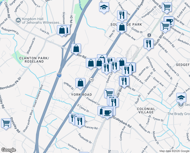 map of restaurants, bars, coffee shops, grocery stores, and more near in Charlotte
