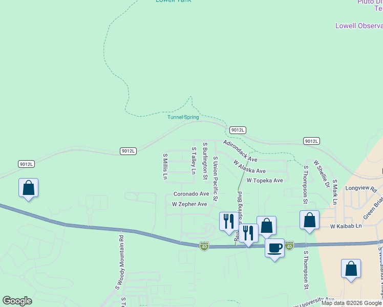 map of restaurants, bars, coffee shops, grocery stores, and more near 1348 S Talley Lane in Flagstaff