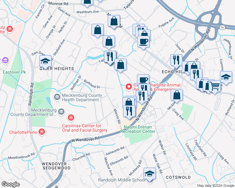 map of restaurants, bars, coffee shops, grocery stores, and more near 821 Villa Court in Charlotte