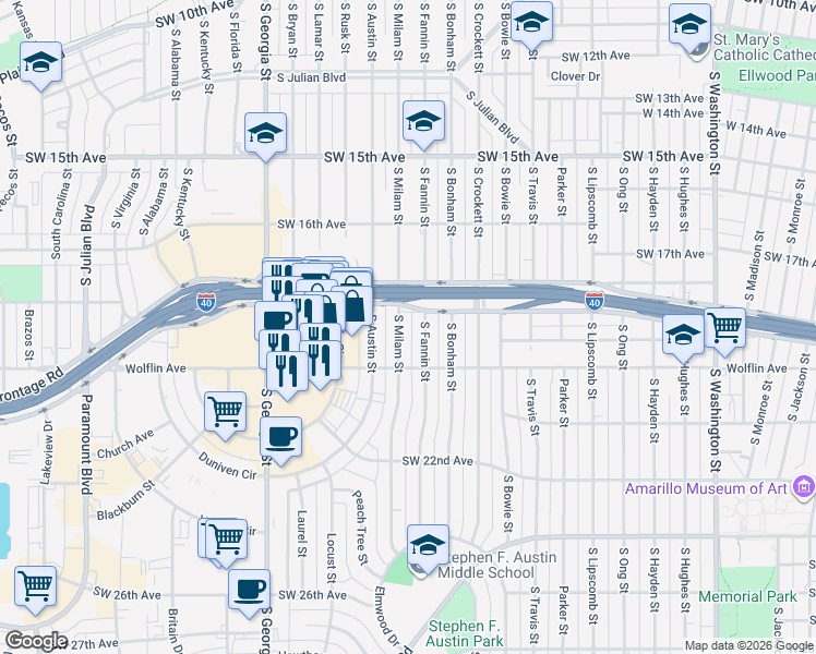 map of restaurants, bars, coffee shops, grocery stores, and more near 1900 South Fannin Street in Amarillo