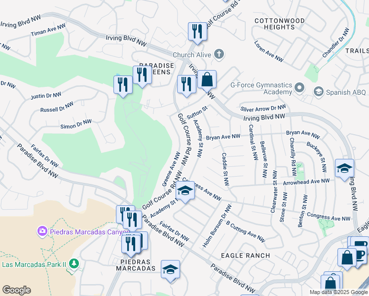 map of restaurants, bars, coffee shops, grocery stores, and more near 9920 Greene Avenue Northwest in Albuquerque
