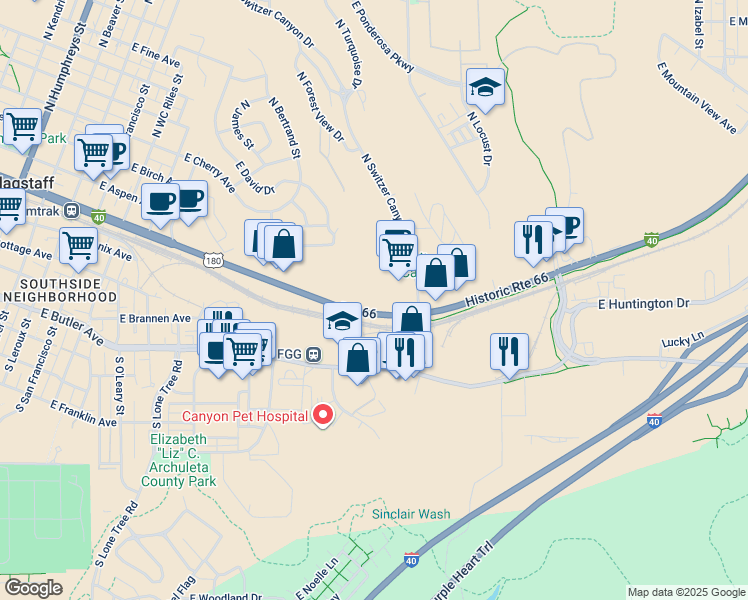 map of restaurants, bars, coffee shops, grocery stores, and more near 1120 West Historic Route 66 in Flagstaff