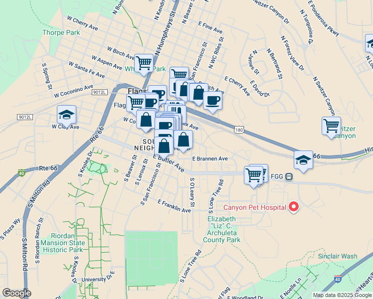 map of restaurants, bars, coffee shops, grocery stores, and more near 106 South WC Riles Drive in Flagstaff