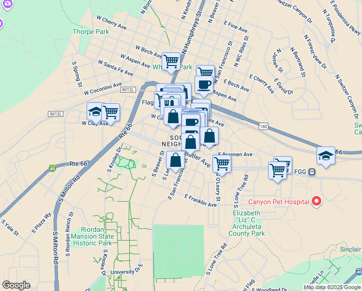 map of restaurants, bars, coffee shops, grocery stores, and more near 208 South Beaver Street in Flagstaff