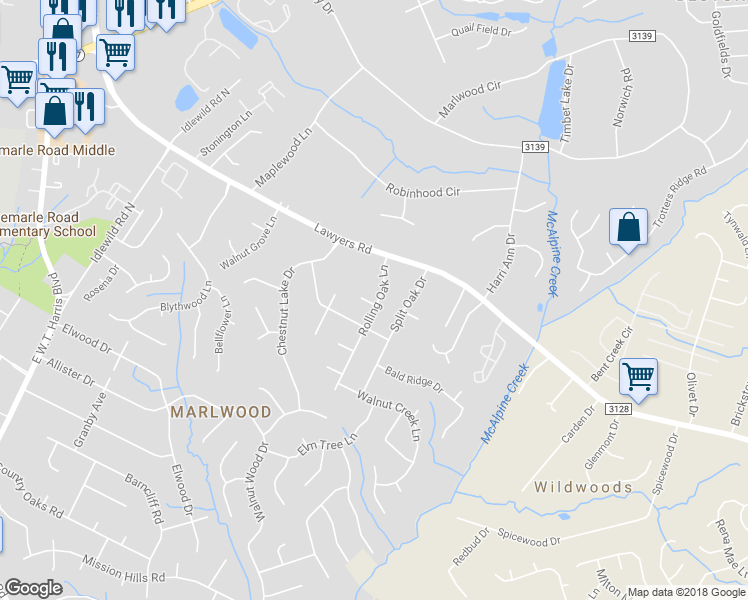 map of restaurants, bars, coffee shops, grocery stores, and more near 5307 Rolling Oak Lane in Charlotte