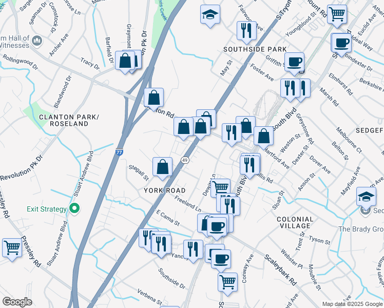 map of restaurants, bars, coffee shops, grocery stores, and more near in Charlotte
