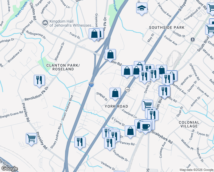 map of restaurants, bars, coffee shops, grocery stores, and more near 538 Bowman Road in Charlotte