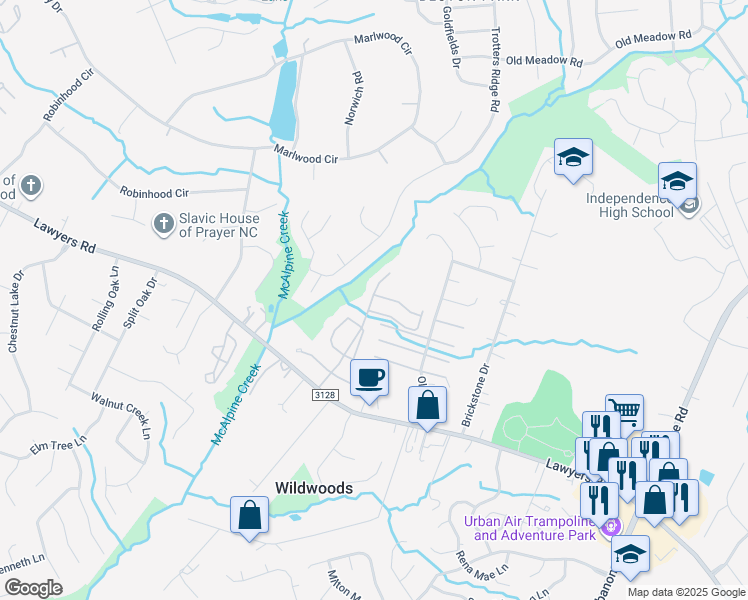 map of restaurants, bars, coffee shops, grocery stores, and more near 5718 Bent Creek Circle in Charlotte