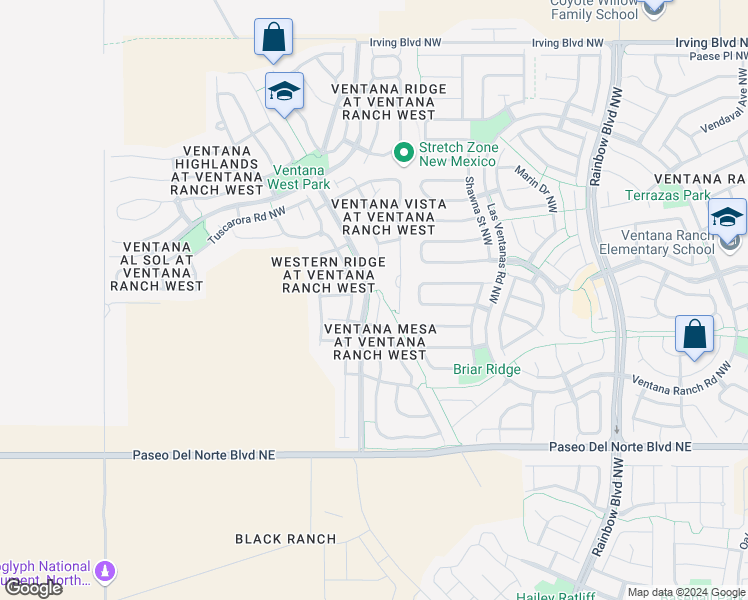 map of restaurants, bars, coffee shops, grocery stores, and more near 10023 Cerro Largo Place Northwest in Albuquerque