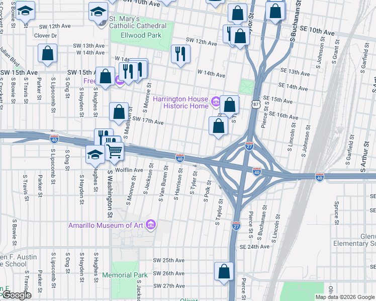 map of restaurants, bars, coffee shops, grocery stores, and more near 1800 South Harrison Street in Amarillo