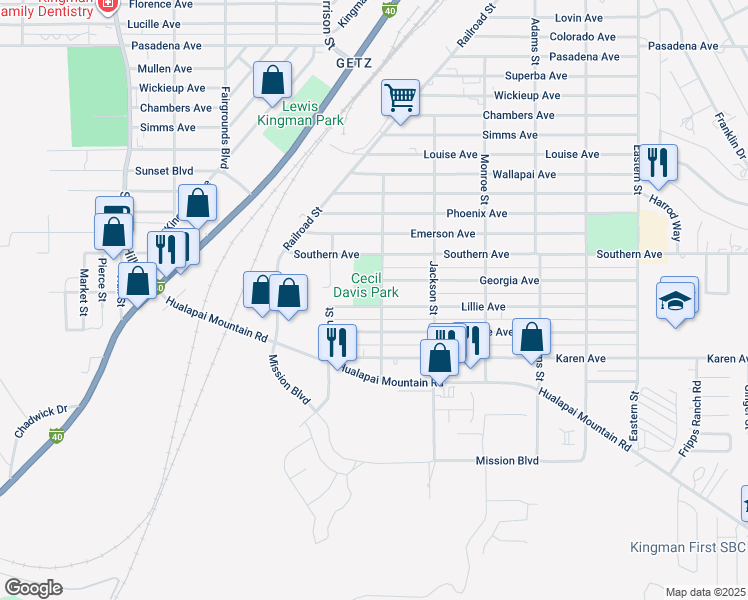 map of restaurants, bars, coffee shops, grocery stores, and more near 601 Van Buren Street in Kingman