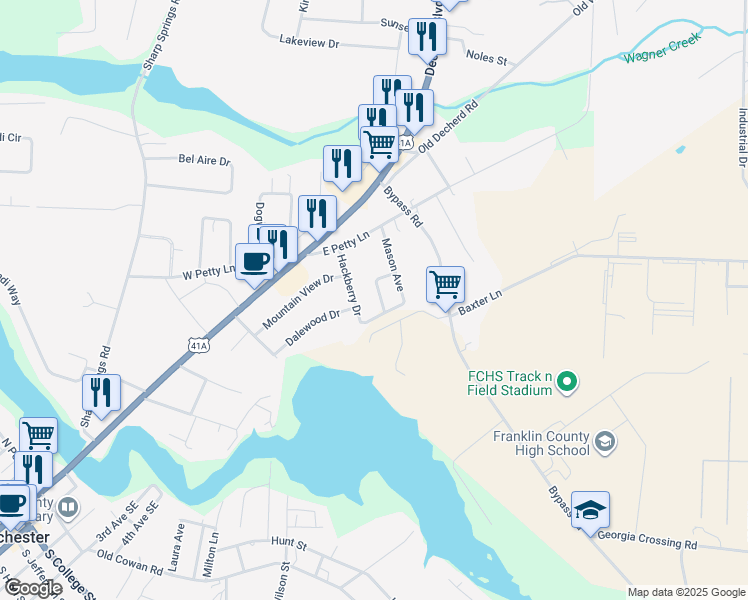 map of restaurants, bars, coffee shops, grocery stores, and more near 306 Russell Street in Winchester