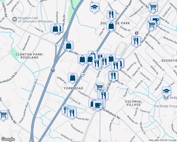 map of restaurants, bars, coffee shops, grocery stores, and more near in Charlotte