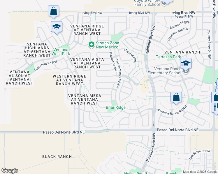 map of restaurants, bars, coffee shops, grocery stores, and more near 7609 Kentwood Avenue Northwest in Albuquerque