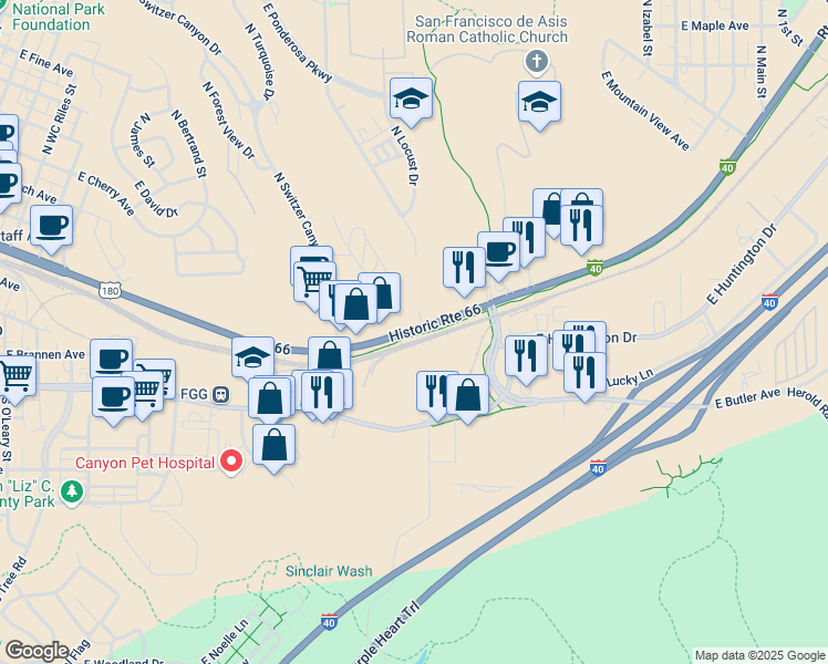 map of restaurants, bars, coffee shops, grocery stores, and more near 1430 East Route 66 in Flagstaff