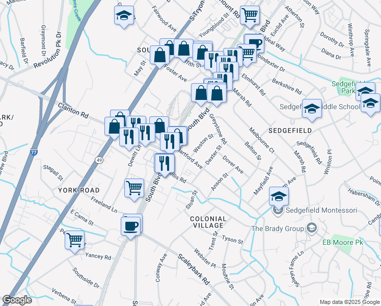 map of restaurants, bars, coffee shops, grocery stores, and more near 139 Hartford Ave in Charlotte