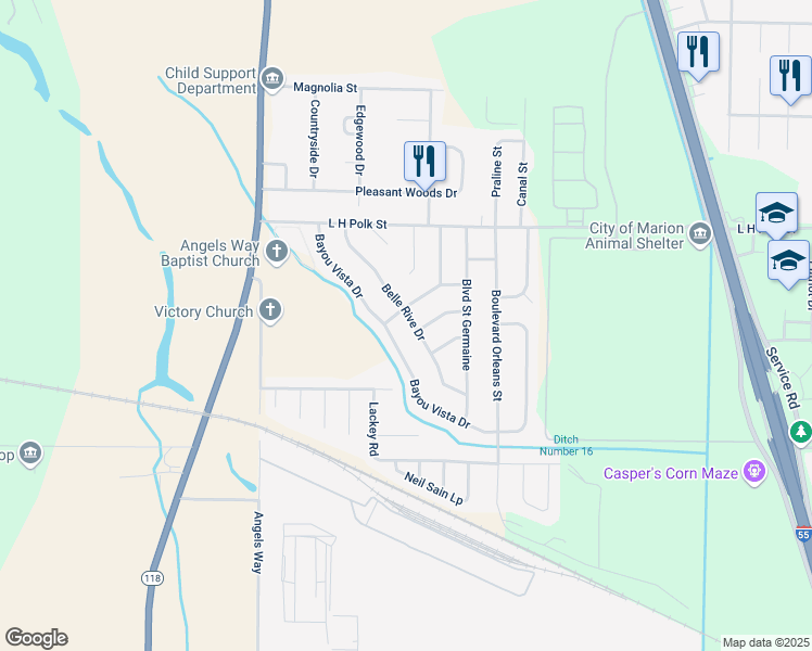 map of restaurants, bars, coffee shops, grocery stores, and more near 829 Bayou Vista Drive in Marion