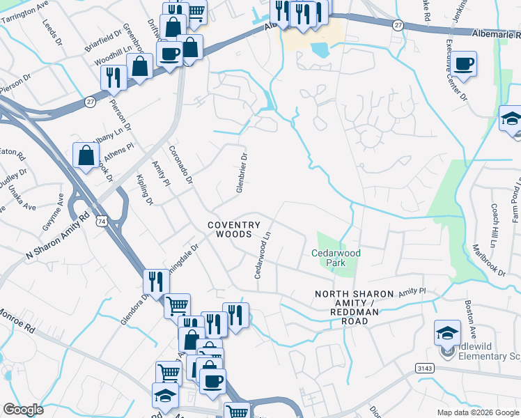 map of restaurants, bars, coffee shops, grocery stores, and more near 6520 Farmingdale Drive in Charlotte