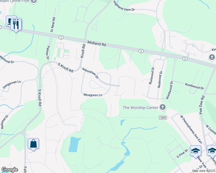 map of restaurants, bars, coffee shops, grocery stores, and more near 375 Wiregrass Lane in Southern Pines