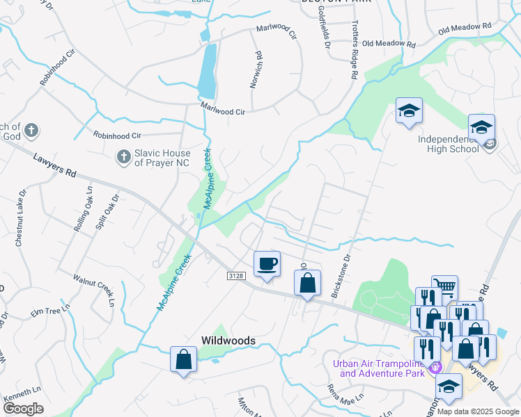 map of restaurants, bars, coffee shops, grocery stores, and more near 5639 Bent Creek Circle in Charlotte