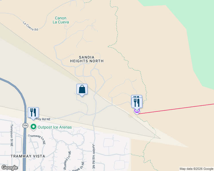 map of restaurants, bars, coffee shops, grocery stores, and more near 52 Rock Ridge Court Northeast in Albuquerque