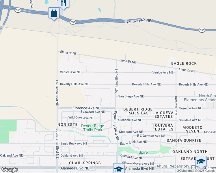 map of restaurants, bars, coffee shops, grocery stores, and more near 7415 Blue Moon Lane Northeast in Albuquerque