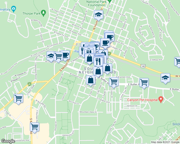 map of restaurants, bars, coffee shops, grocery stores, and more near 208 South Beaver Street in Flagstaff