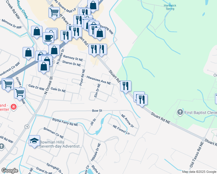 map of restaurants, bars, coffee shops, grocery stores, and more near 692 Hiwassee Avenue Northeast in Cleveland