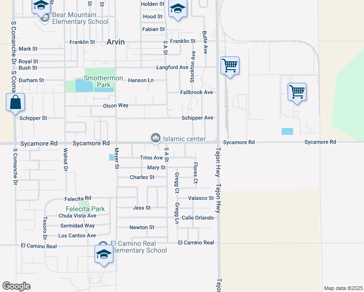 map of restaurants, bars, coffee shops, grocery stores, and more near 1705 Honesto Street in Arvin
