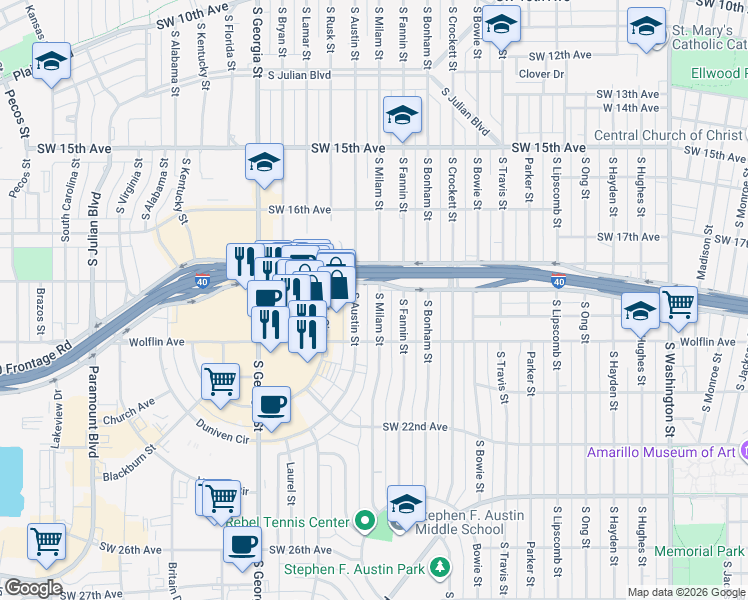 map of restaurants, bars, coffee shops, grocery stores, and more near 1814 South Milam Street in Amarillo