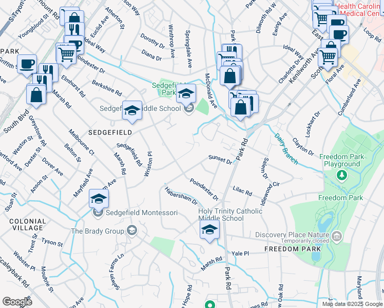 map of restaurants, bars, coffee shops, grocery stores, and more near 809 Sedgefield Road in Charlotte