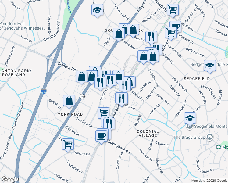 map of restaurants, bars, coffee shops, grocery stores, and more near in Charlotte