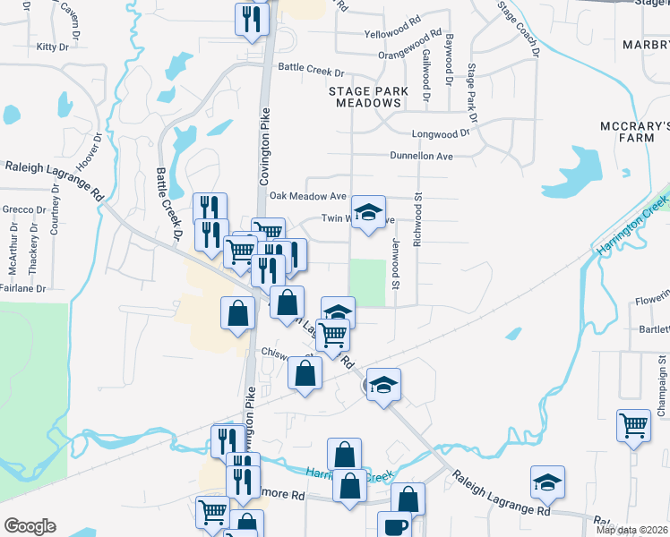 map of restaurants, bars, coffee shops, grocery stores, and more near 5143 Country View Lane in Memphis