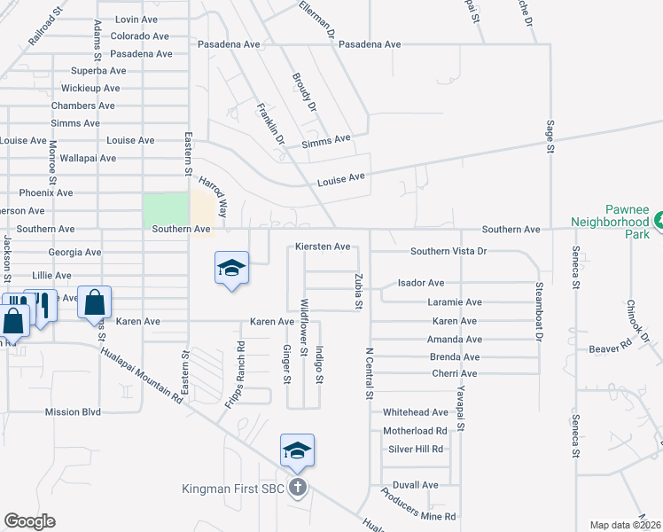 map of restaurants, bars, coffee shops, grocery stores, and more near 3185 Jennifer Street in Kingman