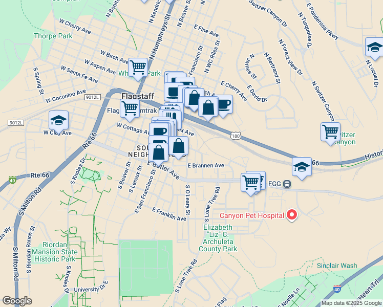 map of restaurants, bars, coffee shops, grocery stores, and more near 319 East Cottage Avenue in Flagstaff