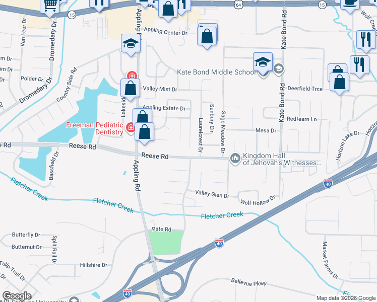 map of restaurants, bars, coffee shops, grocery stores, and more near 2539 Appling Crest Drive in Memphis