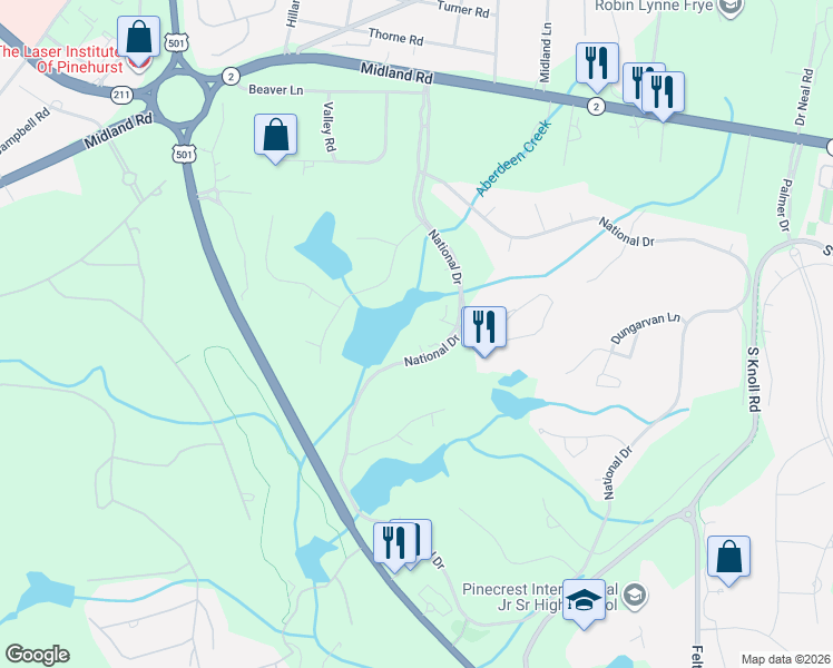 map of restaurants, bars, coffee shops, grocery stores, and more near 102 Kirkhill Court in Pinehurst
