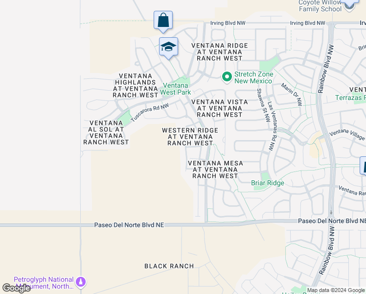 map of restaurants, bars, coffee shops, grocery stores, and more near 10101 Nacimiento Street Northwest in Albuquerque