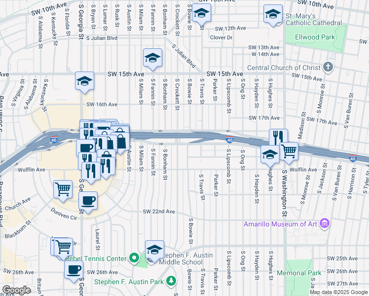 map of restaurants, bars, coffee shops, grocery stores, and more near 1901 Crockett Street in Amarillo