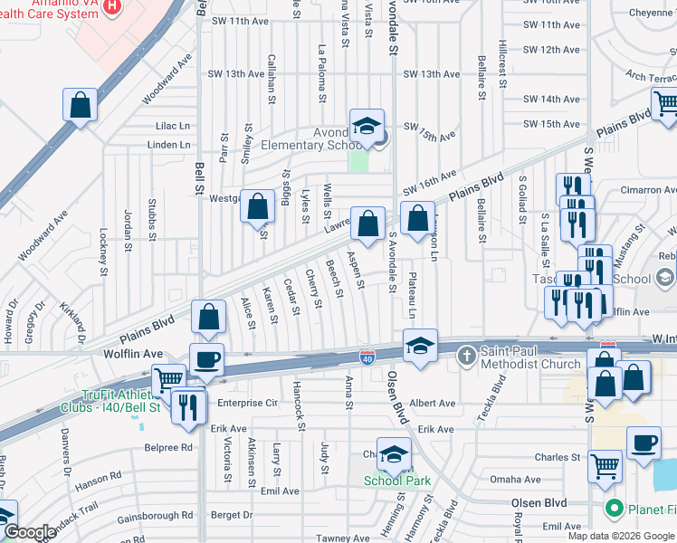 map of restaurants, bars, coffee shops, grocery stores, and more near 1906 Beech Street in Amarillo