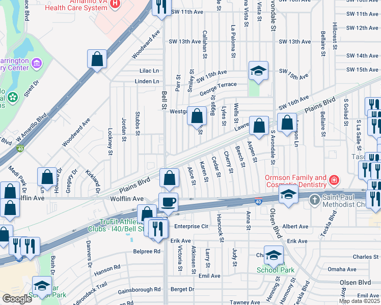map of restaurants, bars, coffee shops, grocery stores, and more near 1565 Parr Street in Amarillo