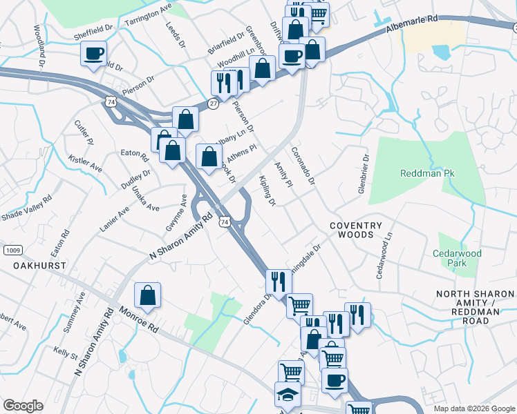 map of restaurants, bars, coffee shops, grocery stores, and more near in Charlotte