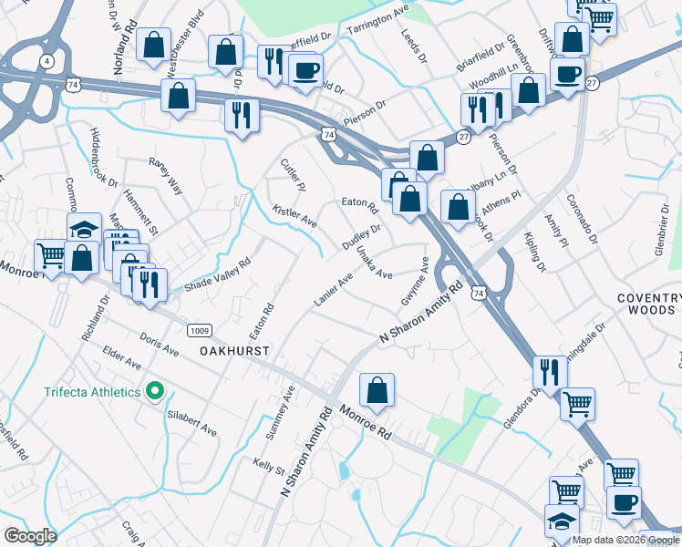 map of restaurants, bars, coffee shops, grocery stores, and more near 2213 Lanier Avenue in Charlotte