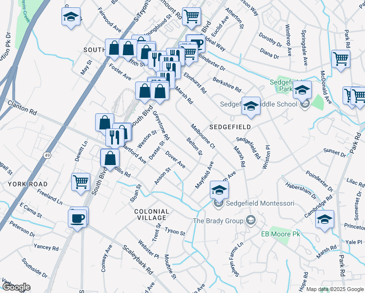 map of restaurants, bars, coffee shops, grocery stores, and more near 430 Belton Street in Charlotte